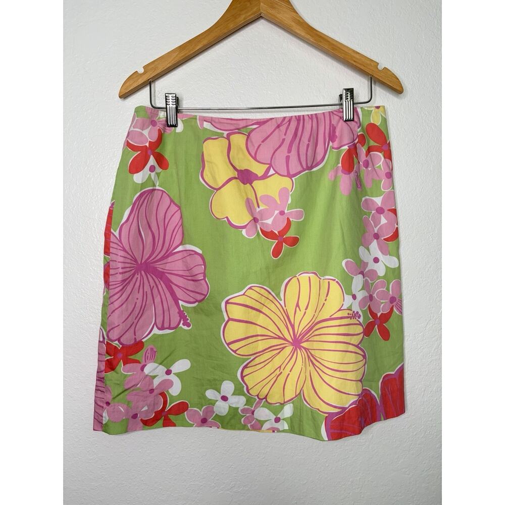 Vintage Lilly Pulitzer Vibrant Hibiscus Floral Print Skirt A-Line Cotton Size 14